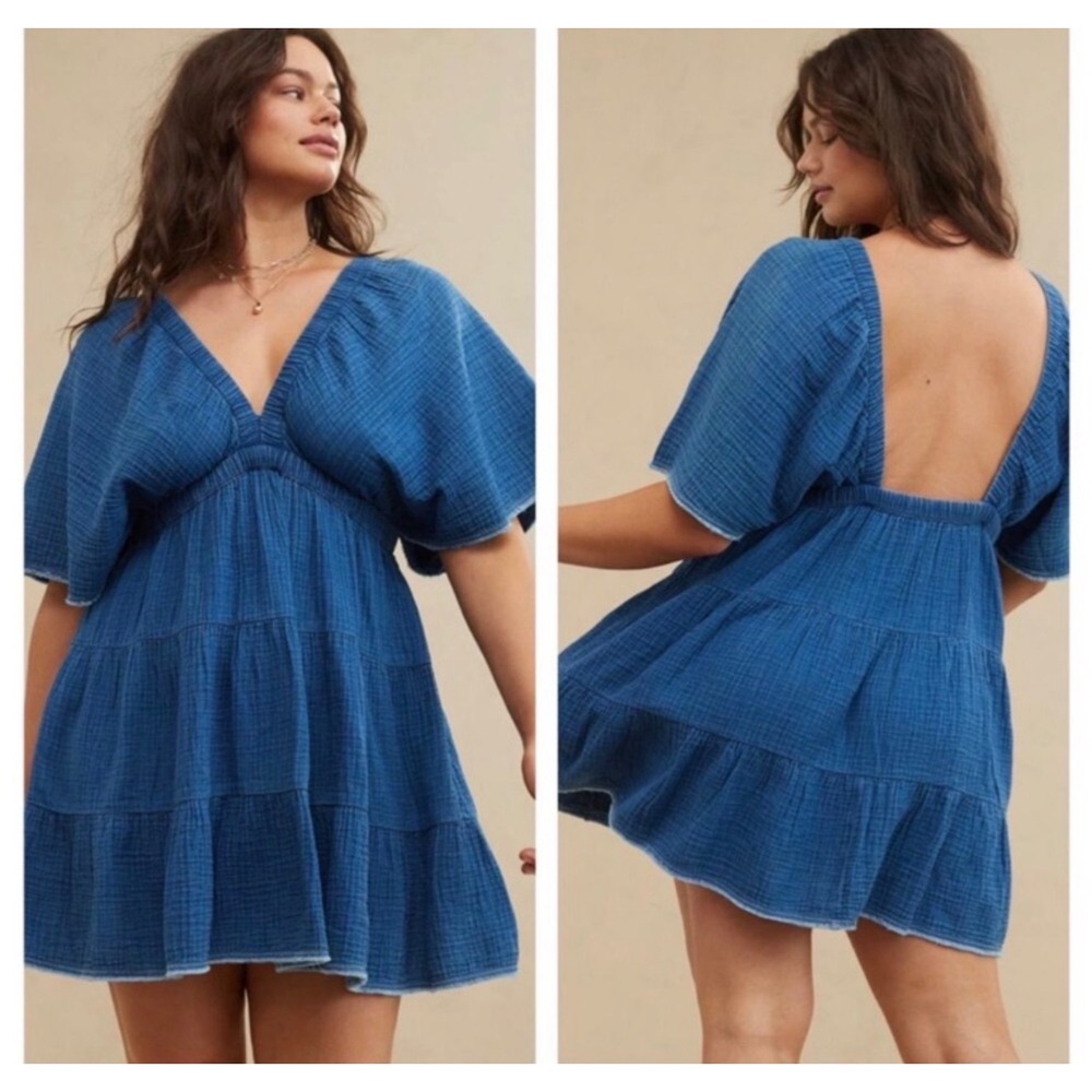 Aerie Gauzy Flutter Sleeve Pool To Party Dress Blue Cotton Mini XS New